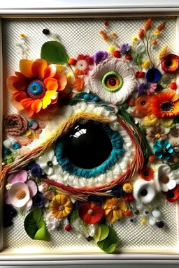 horizontal frame, there is an eye throughout the image, expressive and realistic. They are visible on the white part of the cut, sewn with colored thread. Flowers come out of the seams, very colorful