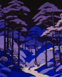 A dark purple forest with windmills painted by Katsushika Hokusai