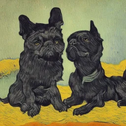 a van gogh painting with a black dog and gray cat