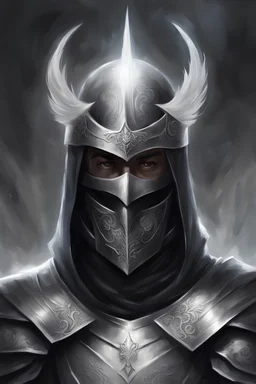 For DND character portrait.Aasimar male, in black and silver armour. Ghostly halo above his head. Short hair. His face is fully covered by a mask, the mask looks like King Baldwins mask. He is 30 years old. Dark hair, and has a knightly cloak.