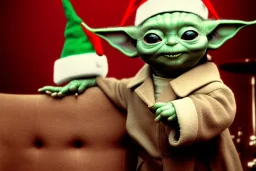  one baby Yoda wearing a Christmas hat in a jazz club. 1960's photo real