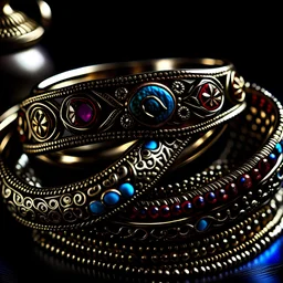 A stunning macro photograph of a collection of beautifully ornate bangles