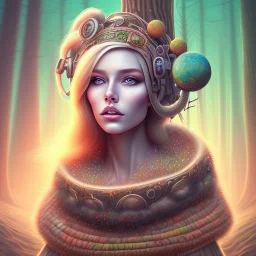 spray painting fantasy art, portrait blonde with jewelry on forehead, in mummy sweater, standing in portal to forest world from desert world,poetry book illustration