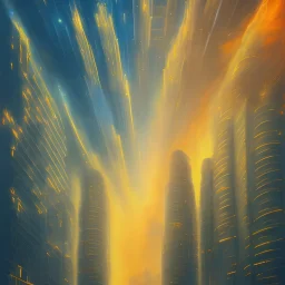 Painting of Skyscrapers. City at night. Big umbrellas. Umbrellas casting shade. From the sky umbrella fall. Umbrellas falling from sky. Open umbrellas. Umbrellas in air. in background Fire as rain. Fire surrounds city. Fireballs falling. Flames in horizon. Clouds that look like fire. Rain that looks like fire.lots of umbrellas