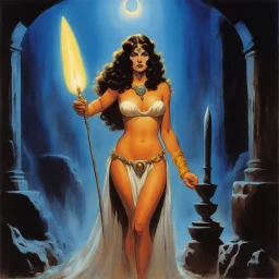 [art by Russ Meyer] Deep within the forsaken crypts, the beautiful Circe, a formidable goddess, with a mortal woman’s voice. She is the sister of the baleful Aeetes, both being children of the Sun who lights the world, by the same mother. Her twin blades gleaming with the light of long-forgotten power. Before her, a swarm of feral demons snarls and claws, but they dare not advance. Her helm, adorned with the curved horns of a conquered beast, hides the scars of a thousand battles.