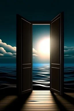 there is an open door in a dark room and behind the door there is a beautiful sea, the sun, realistic