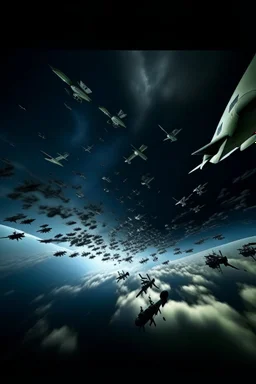 Looking up above in the The cloudy stormy sky filled with a lot of android planes shadows over head view