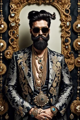 Artistic photo in the audacius style of Jill Greenberg, of man with a luxurious and striking style, abundance of jewelry, oversized sunglasses, neat black beard, feminine manirism, prints, desafiant, extravagant, barroque escene , impasto style with thick texture