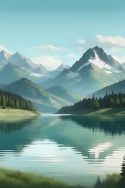 en sø med et bjerg i baggrundet, i naturalistisk stil