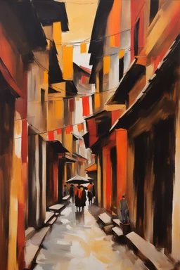 bustling medieval Kathmandu street, thick impasto painting, centered, minimalist, thick sparse brushstrokes, bold colors of orange, beige, yellow, red and black, sporadic tint ink leaks, perfect verticals, amazing parallels