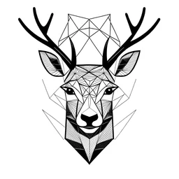 Poly line geometric deer face, engraved, black and white, clean white background