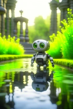 adorable cute chat priest robot with short punk hair and real human reflective eyes, fluffy by model bridge in pond in garden of st. Barbara cathedral, its such a perfect day, motion blur, smoke, 8k, downlight, soft light, depth of field, photorealism, trending on art station, lotsa detail