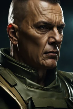 portrait of a 50 year old evil military commander. Cruel expression, dark crew cut hair,