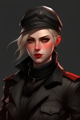 A blonde with red eyes, a black strict, but fashionable and detailed outfit and wears a beret. Character reference