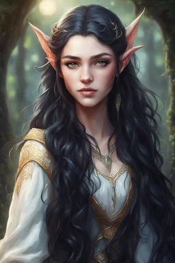 teenager beautiful elven girl, with long wavy black hair and pointed ears