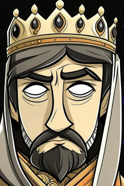 "Draw an Arabian king with sharp features, black hair, and large eyes. His features are scary and cold, and his hair reaches his shoulders."