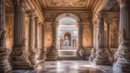 inside a palace in ancient Rome showing rooms, halls, courtyards, sparkling fountains, luxury, magnificent, marble statues, coloured pictorial tapestries, paintings, dream world, calm beauty, fantasy world, magic, splendor, uplifting, inspiring, therapeutic, chiaroscuro, color, award-winning colour photograph, beautiful composition, exquisite detail, Nikon 35mm