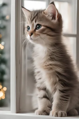 Kitten looking into the window of a home with 4 family members celebrating christmas