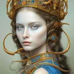 portrait of woman queen of peacocks, long black hair, blue eyes, stunning, beautiful, gorgeous, realistic, photo illustrative, ornate, 8K resolution, high-quality, fine-detail, digital art, detailed matte, brian froud, howard lyon, selina french, anna dittmann, annie stokes, lisa parker, greg rutowski,