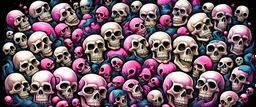 a field of 1000s of cartoonish, anatomically correct, skulls, vivid RANDOM BRIGHT neon colors, dark comedy, well lit, high detail, photorealistic, horrorcore, fun, scary, dead, 100% detail on all drawn, nothing partial or filler, by fictional tattoo artist, all orbiting a black hole