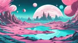 teal and aquamarine and pink space world sci-fi futuristic landscape with planets, mountains and stars in an illustrated anime style
