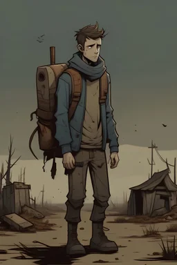 a young man with a sweater wrapped around the waist and messenger bag he carries around with a strap, front view, post apocalyptic scenery, cartoony style