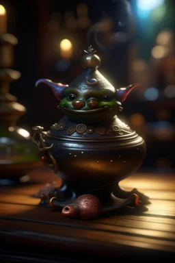 magical alchemists nightmare, cauldron with shining sigil and containing a slightly alien furball gremlin in it, prize winning oil painting, ,bokeh like f/0.8, tilt-shift lens 8k, high detail, smooth render, down-light, unreal engine