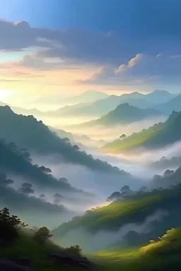 turn this into a beautiful hills and fog scenery, magical, painting quality