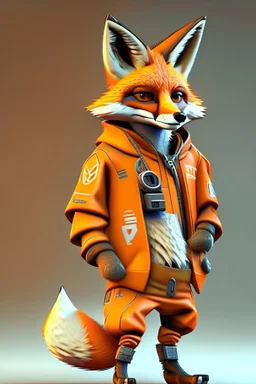 Fox character dressed in tech clothing in orange, in 3D realistic