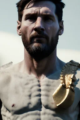 Ultra Realistic image, Roman sculpture, white marble material, Lionel Messi, gold crown of natural thorns, god crown, Renaissance style, sun rays background, waist up portrait, epic, celestial, cinematic lighting, God lights, 4k resolution, smooth details, soft lighting, unreal engine 5, art station, substance 3d.