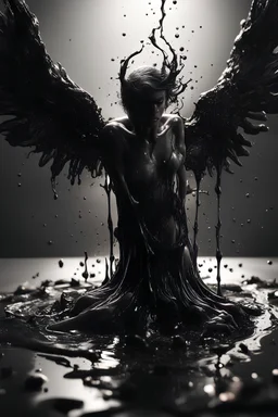 beautiful fallen angel disintegrating into black dripping ink and slime::1 ink dropping in water, molten lava, ferrofluid, oil, liquid, slime::.4 hyperrealism, intricate and ultra-realistic details, cinematic dramatic light, cinematic film, mattepainting, photobash, rendered in octane, 3d, zbrush, houdini simulation, trending on artstation:: Otherworldly dramatic stormy sky and empty desert in the background, gradient of teal and orange:: by Mobius and and stefan gesell and zhelong xu