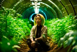 Unground solar punk tunnels, cinematic, extreme dof, dystopian, sci-fi, award-winning, Yui working hard in a garden, National Geographic, breath taking, oxygen farm but outside is a desert, fantasy, magical, geometry