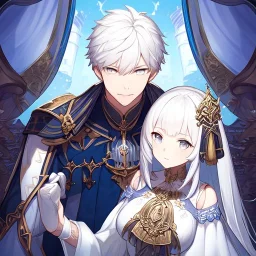 Twins, boy and girl, white hair, silver eyes, royal hall background