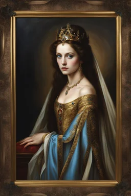 Gothic Gold framed painted portrait of a beautiful queen. her hair is long and light brown in colour and she has blue eyes, dark fantasy