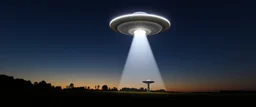 flying saucer ufo in autumn evening field shooting a cone of light upwards to the sky down to another saucer standing in the field