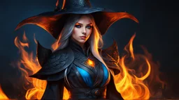 18 year old female sorcerer. beautiful eyes. black smoke. blue and orange fire.