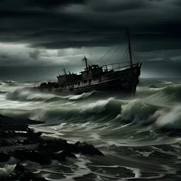 ocean storm black sky shipwreck