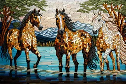 A beautiful artwork depicting an ancient horses lake side created using the technique of intricate broken mirror mosaic. The artwork showcases impeccable attention to detail, with each individual piece carefully crafted and arranged. The fragmented mirror pieces create a mesmerizing effect, adding a touch of elegance to the overall composition. The artist's skill in executing this technique is truly commendable.