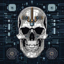 FLAT VECTOR LAYERED IMAGE OF CYBERNETIC SKULL PARTS IN A SCHEMATIC