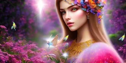 bright fairy, beautiful portrait, flowery landscape