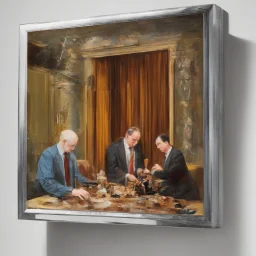 Putin, President Xi Of China And Joe Biden Play Chess With Atomic Bomb Mushroom Cloud,Complex Surgical Instruments Intermixed With A Newborn Boy,Minimalism,Painting By Adrian Ghenie,Rene Magritte,Pablo Picasso,Michelangelo,Salvador Dali,Lucian Freud