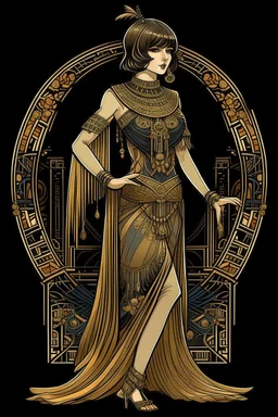 Full Body, Art Nouveau Woman With A Bob With A Fringe Hairstyle, Cleopatra Clothing, Steampunk, Black Background