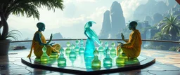 alien levitating yoga monk chess masters playing serious glowing chess on hex map in lounge on beautiful lush planet with huge transparent bird glass alien chess pieces of ships in fountain, also an endless twisted god piece