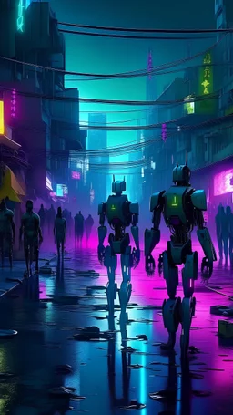 slums of a city, many broken humanoid robots walking, scary, neon lightsdrone shot, cyberpunk, digital art, 4k
