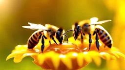 Ultra realistic photo, bees on honey, captured with professional DSLR camera, 64k, ultra detailed