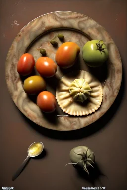 Ravioli by renaissance style still life oil painting, dish, natural tomato, albahaca, olives, olive oil, moisture, art, natural, ornaments, chef, high kitchen, smooth, gradient color background, unreal engine 5, ray tracing, RTX, lumen lighting, ultra detail, volumetric lighting, 3d.