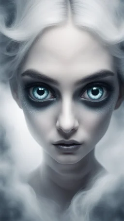 Big devilish eyes in white Smokey ethereal, heavenly background