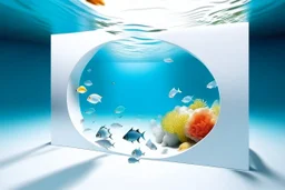 white,background,looking,through,a 3-d, square hole,watching,tropical,fish,swimming,in,the,ocean