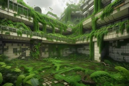Nature's Revival Mosaic: A mixed media collage incorporating images of lush forests, sprawling vine-covered ruins, and mutated flora inspired by TLOU, juxtaposed with fragments of the hotel's brutalist design, symbolizing the clash between civilization and nature in a post-apocalyptic world.