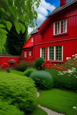 red house with a garden
